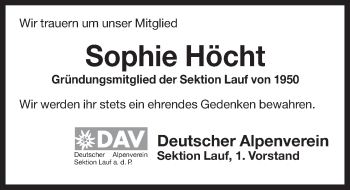 Traueranzeige von Sophie Höcht von Pegnitz-Zeitung